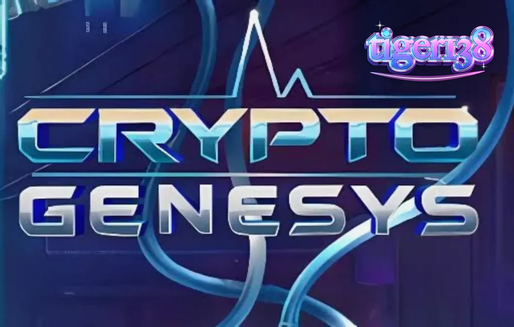 Tampilan layar permainan slot Crypto Genesys dengan tema cyberpunk dan neon.
